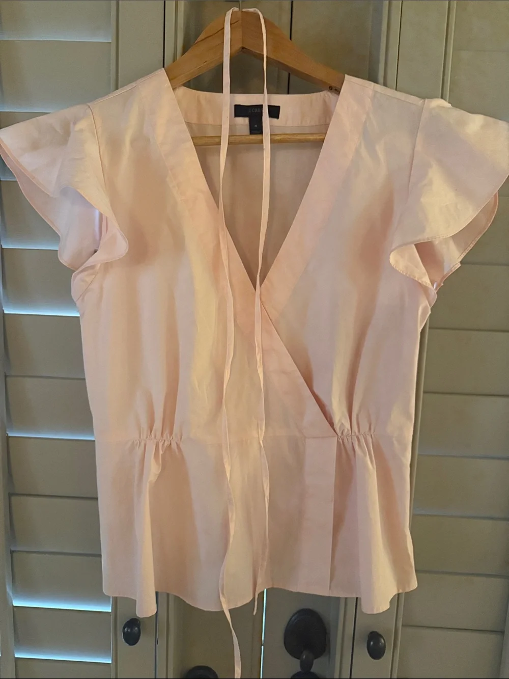 J. Crew Pale Pink Wrap-Front Blouse with Flutter Sleeves